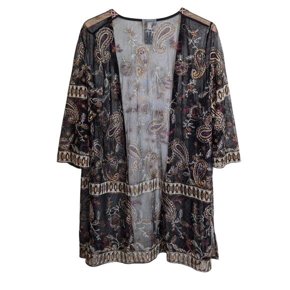 Catherines Plus Size Boho Sheer Open Front Top Size 1X Embroidery Black Paisley - Picture 2 of 12